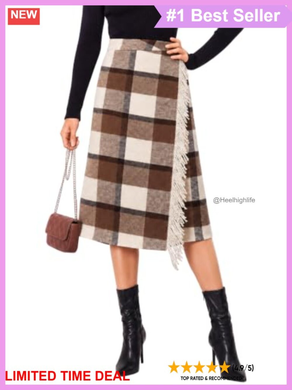 Wool Blend Plaid Wrap Midi Skirt A-Line Fringe